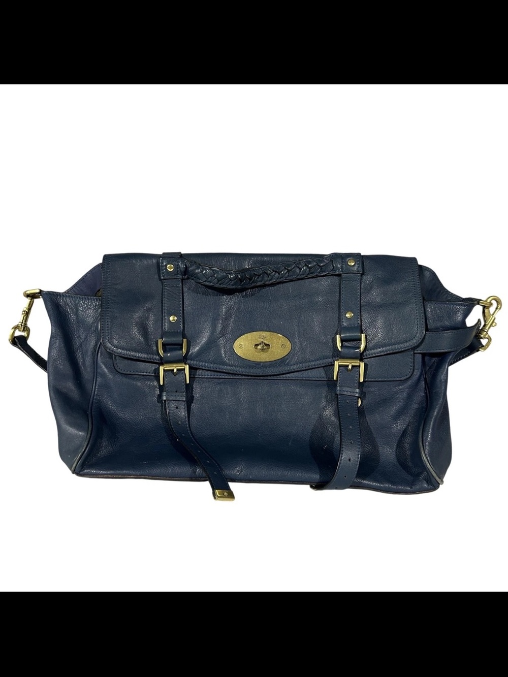 Mulberry Navy Leather Messenger with Braided Handle and Brass Hardware